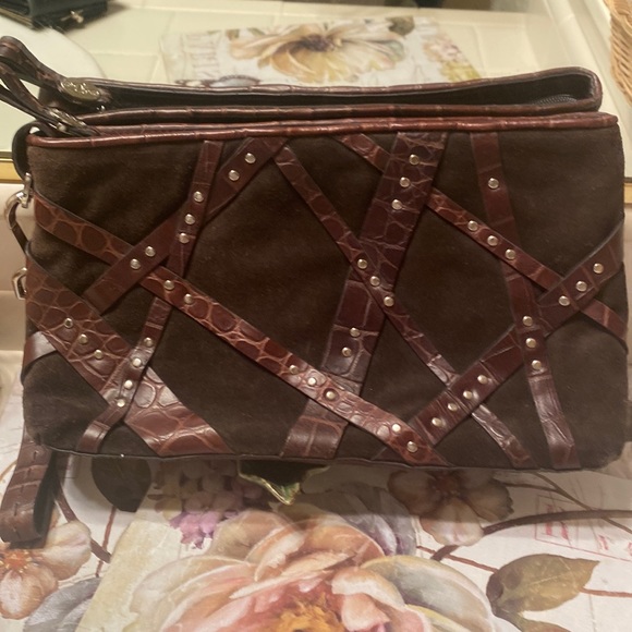 Donald J. Pliner Handbags - Donald Pliner Purse Bag Brown Suede w/studded leather trim Pink interior